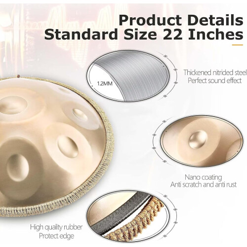Handpan de aço de 22 polegadas, 10 notas, 440 Hz, dourado, para yoga e cura sonora 1