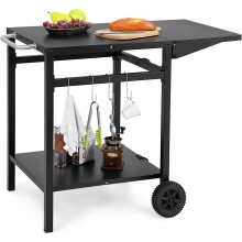 KOMFOTTEU Carrinho de Barbecue com Prateleira Dobrável, 2 Rodas e 4 Ganchos, Metal Preto, 96,5 x 64 x 75,5 cm