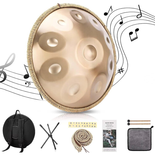 Handpan de aço de 22 polegadas, 10 notas, 440 Hz, dourado, para yoga e cura sonora