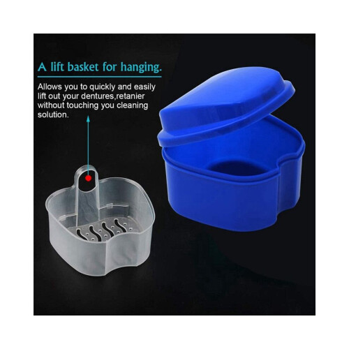 2X Dark Denture Case, with Strainer, Denture Bath Box False Teeth Storage Box with Basket Net Container 2