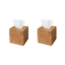 2X Rattan Tissue Box Cover, Hand Woven Square Wicker Holder for Facial Tissues, for Bathroom Living