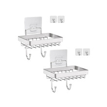 2x Zeepbakje voor de badkamer met sponshaak, zeepbakje voor wandmontage in de douche, zeepafvoer