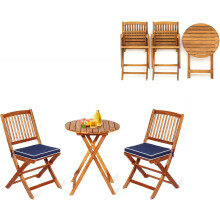 KOMFOTTEU conjunto de mesa e 2 cadeiras dobráveis em madeira de acácia, com almofadas azuis