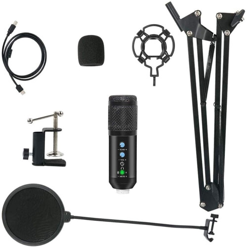USB Condenser Microphone, Computer PC Microphone Kit with Adjustable Scissor Arm Stand Shock Mount for 1