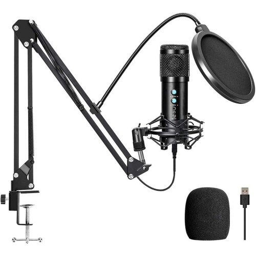 USB Condenser Microphone, Computer PC Microphone Kit with Adjustable Scissor Arm Stand Shock Mount for