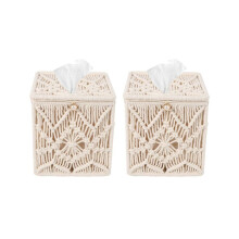 2X Tissue Box Cover Boho Decor Square Paper Tissue Holder with Bead Buckle Macrame Napkin Tissues Organizer