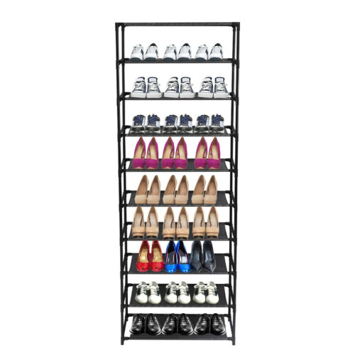 10-Tier Stackable Shoe Rack Holds 50 Pairs, Space-Saving, Easy Assembly, Black, Built-In Handle, Durable