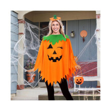 3-delig Halloween pompoenkostuum voor dames met poncho, hoofdband en tas, perfect voor verkleedfeestjes.