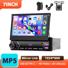 Podofo Autoradio 1Din 7 pouces, Écran Rétractable Tactile, Mirror Link, Bluetooth, FM, Type-C, Égaliseur, Commandes au Volant