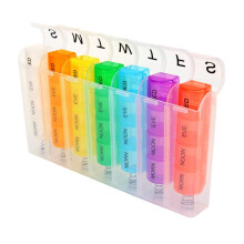28 vakjes transparante pillendoos van plastic met veermechanisme, 7 kleuren, wekelijkse pop-up pillenopbergdoos/planner