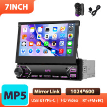 Podofo Autoradio 1Din 7 pouces, Écran Rétractable, Mirror Link, Bluetooth, FM, Type-C, Égaliseur Sonore