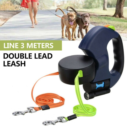 3M/10KG Dog Lead Leash Double Retractable Leash Extendables Lockable