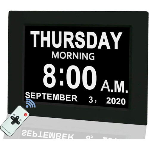 Digital Calendar Alarm Day Clock, 8" Large Screen Display, with 5 Alarm Options, AM/PM Function, for 1
