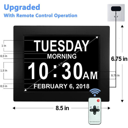 Digital Calendar Alarm Day Clock, 8" Large Screen Display, with 5 Alarm Options, AM/PM Function, for 2