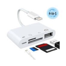 4-in-1 USB-adapter voor camera's, TF-kaarten en SD-geheugenkaarten, geschikt voor iPhone, iPad en iOS.