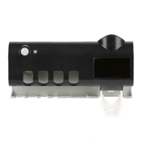 (Black) Automatic Toothpaste Dispenser Wall Mount UV Light Sterilizer Toothbrush Holder