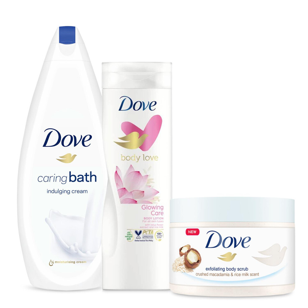 Dove Bath Bundle With Body Scrub, Bath Cream And Glowing Ritual Body Lotion