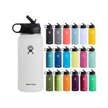 (Blue) Hydro Flask Stainless Steel Wide Mouth Water Bottle with Flex Straw Lid and Double-Wall Vacuum