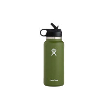 (Green) Hydro Flask Stainless Steel Wide Mouth Water Bottle with Flex Straw Lid and Double-Wall Vacuum