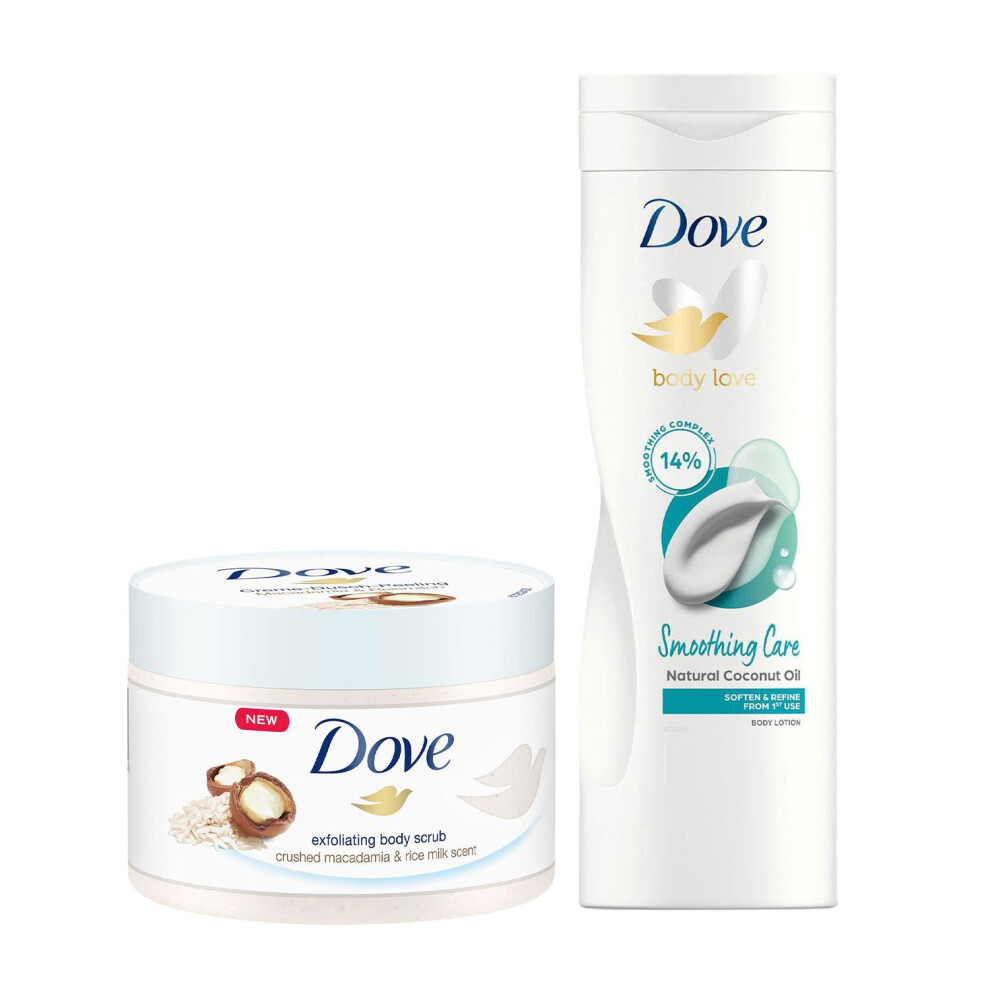 Dove Macadamia & Rice Milk Body Scrub 225Ml & Smoothing Care Body Lotion 400Ml
