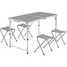 Mesa de camping dobrável com 4 bancos, maleta com asa, alumínio e tecido cinzento, 60x120x70 cm