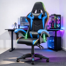 RGB LED Gaming Chair Leather Ergonomic Adjustable Recliner Blue