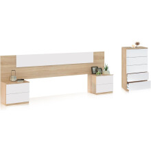 duehome Conjunto de Dormitório Modelo Akari 5C, Cabeceira, 2 Mesas de Cabeceira e Cómoda, Branco e Carvalho
