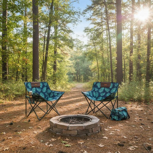 Lot de 2 chaises de camping pliables, structure acier, motif feuille, Vert 1
