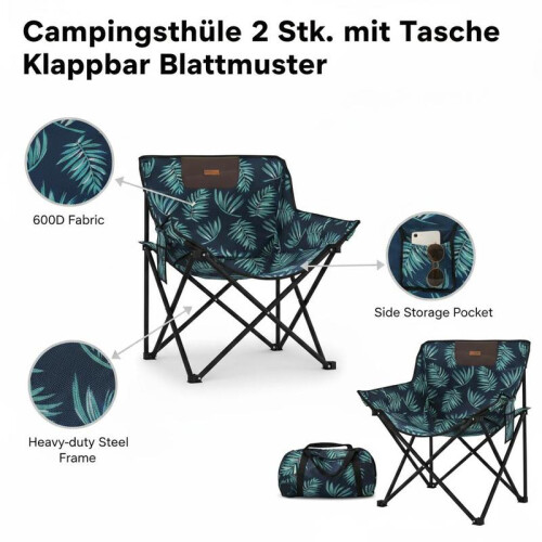 Lot de 2 chaises de camping pliables, structure acier, motif feuille, Vert 2
