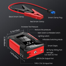 Démarreur de voiture 4-en-1, Compresseur d'air 150 PSI, Batterie externe 28000 mAh, Lampe LED, Kit de secours 12V