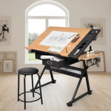 Table à dessin réglable avec tabouret, bureau double surface avec tiroirs et plateau latéral en MDF et métal