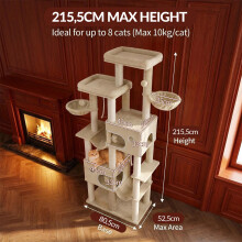 Hzuaneri Arbre à Chat Géant, Tour 213 cm pour Grands Chats Maine Coon, Beige, 9 Niveaux avec 2 Grottes et 2 Hamacs