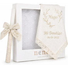 Nenel, conjunto de batismo personalizado, vela e pano em linho natural, bambula bege, 35x2,5 cm e 39x58 cm