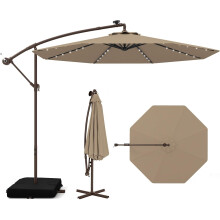 COSTWAY Sombrinha de Jardim com Base, 3x3 m, 40 Luzes LED, Inclinável com Manivela, Castanho