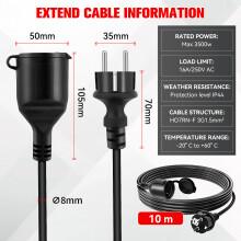 Rallonge extérieure 10m, câble d'alimentation en caoutchouc flexible, IP44, 3500W 16A, pour jardin et chantier