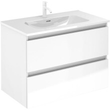 EstiloBaño Aurora, móvel de casa de banho suspenso com 2 gavetas e lavabo, branco brilho e nogueira, largura 80 cm