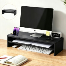 Support de moniteur en bois MDF à 2 niveaux, 42x23,5x14,2cm, noir, avec gestion de câbles et support téléphone