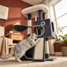 Hzuaneri Arbre à chat, 113 cm, Gris foncé, avec plateforme moelleuse, griffoir et rampe d'escalade