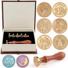 Conjunto de 6 selos de cera de Páscoa, kit de selo de coelho com cabo de madeira e cabeça de latão para cartões de casamento
