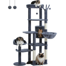 Kattenboom, meervoudige niveaus met krabpaal, hangmat en condo, donkergrijs