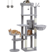 Kattenboom, grijs, meervoudige niveaus met krabpaal, hangmat en condo voor binnen