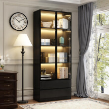 Estante com portas de vidro, 80x36x200 cm, preto, material DM