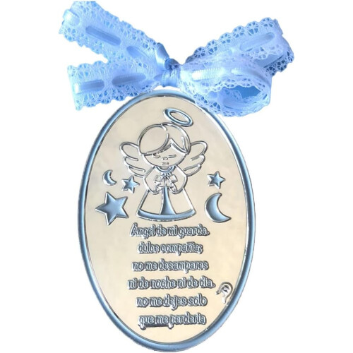 Medalhão de berço com Anjo da Guarda e Oração, personalizável, modelo 2 Azul