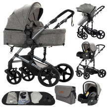 Poussette 3 en 1 avec système de voyage, landau, siège auto et châssis pliable avec roues amortissantes
