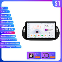 Hizpo autoradio 2Din 9 inch, Android OS, 8Core 3G 32G, draadloos CarPlay en Android Auto, voor FIAT 500 2007-2014