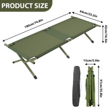 Lit de camping pliable, Cadre en acier, Tissu Oxford imperméable, 192x64x42 cm, Vert