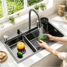 Fregadouro de cozinha em cascata, aço inoxidável, nano preto, com torneira extratível e acessórios