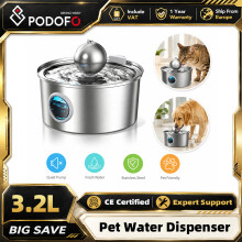 Podofo Fontaine à eau pour chat et chien, 3,2 L, acier inoxydable, rechargeable 5V USB, automatique avec capteur