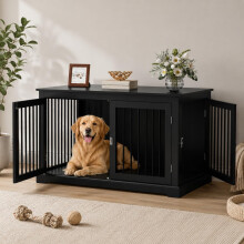 HOLTICO Móvel Gaiola para Cães Grandes, Tampa Abatível, Metal Antimordeduras, Porta Dupla, Inclui Almofada, Preto, 98x71.2x79cm