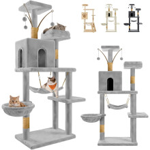 JUPPLIES Árvore de rascador para gatos 143 cm, 5 plataformas, 3 ninhos, 1 caverna e rede, cinzento
